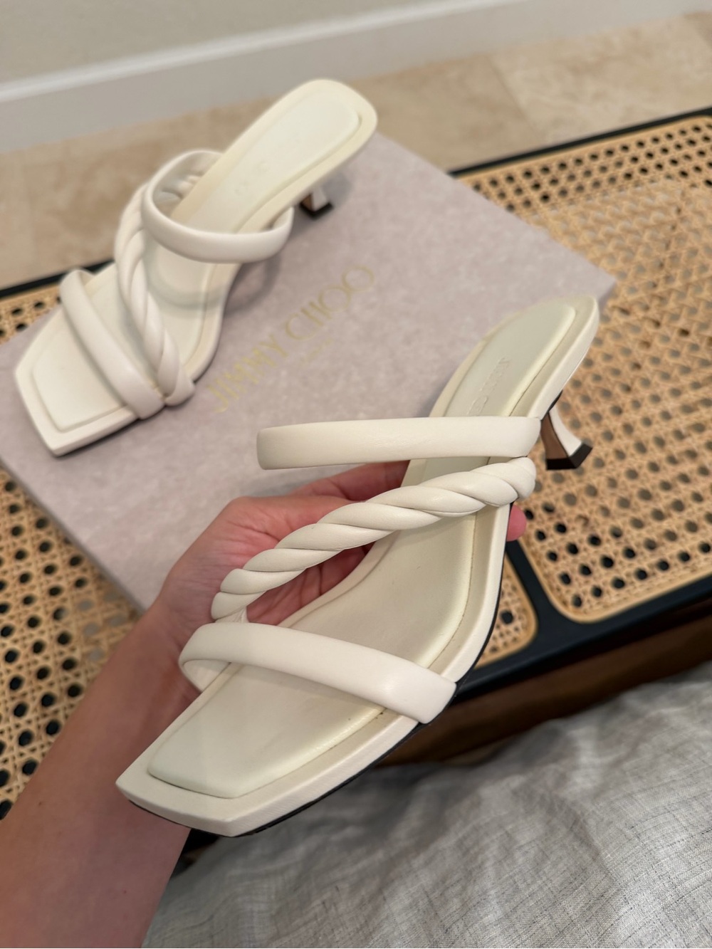 Jimmy Choo White Twisted Leather Mules